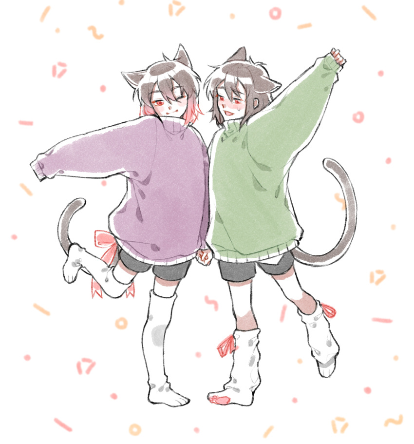 2boys, ;), alternate_costume, animal_ears, arm_up, brown_hair, brown_shorts, cat_boy