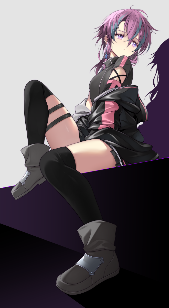 1girl, blue_hair, boots, breasts, eiyuu_densetsu, expressionless, full_body, hakuleg