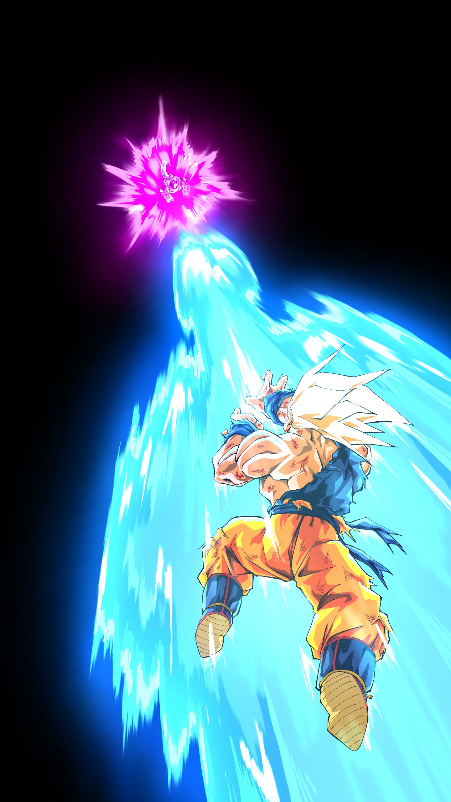 2boys, absurdres, aura, battle, black_background, blonde_hair, blue_shirt, colored_skin, dragon_ball, dragon_ball_z, frieza, full_body, highres, kamehameha_(dragon_ball), male_focus, multiple_boys, muscular, muscular_male, nishitakuart, orange_pants, pants, shirt, simple_background, son_goku, spiky_hair, super_saiyan, torn_clothes, torn_shirt, white_skin