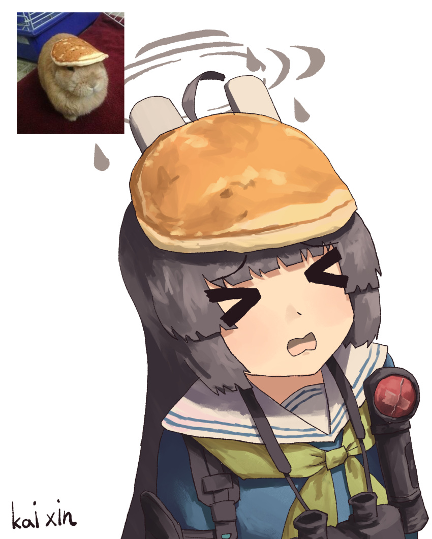 >_<, 1girl, absurdres, ahoge, animal_ears, binoculars, black_hair, blue_archive