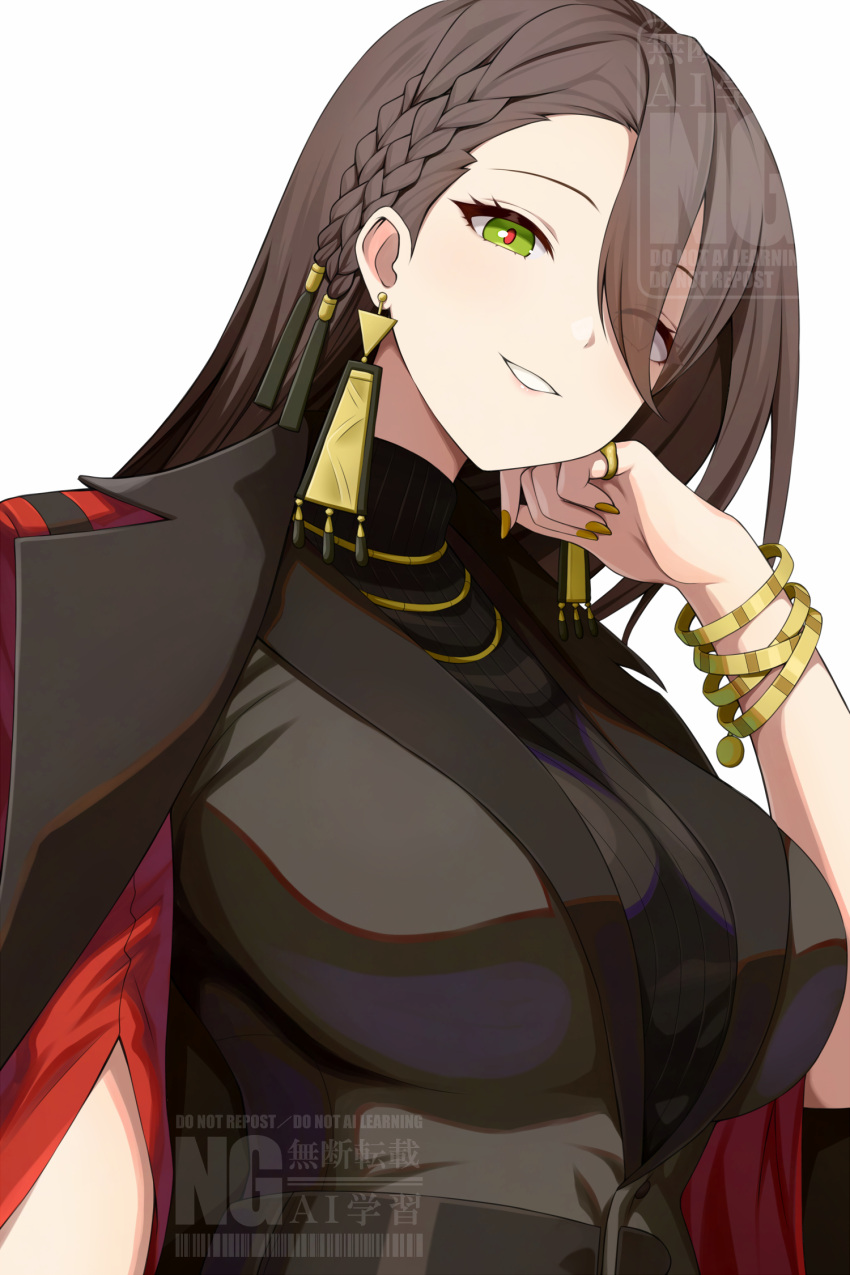 1girl, asamura_hiori, black_jacket, bracelet, breasts, brown_hair, earrings, fingernails, green_eyes, hair_between_eyes, highres, jacket, jewelry, large_breasts, long_hair, looking_at_viewer, nail_polish, necklace, parted_lips, red_pupils, ring, sarah_(zenless_zone_zero), smile, solo, upper_body, yellow_nails, zenless_zone_zero