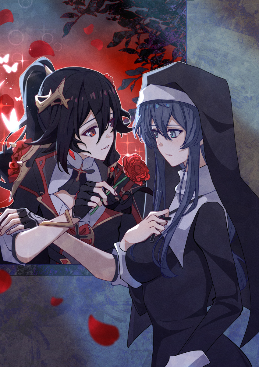 2girls, black_dress, black_gloves, black_hair, black_jacket, blue_eyes, breasts, cheng_lixue