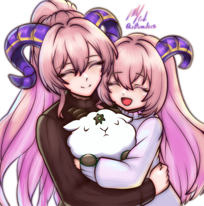 2girls, :d, aged_down, alternate_hairstyle, black_sweater, child, closed_eyes, closed_mouth, dual_persona, fire_emblem, fire_emblem_heroes, goat, hair_between_eyes, high_ponytail, highres, horns, hug, multiple_girls, nerthuz_(fire_emblem), purple_horns, rotomdocs, simple_background, smile, sweater, upper_body, white_background, white_sweater
