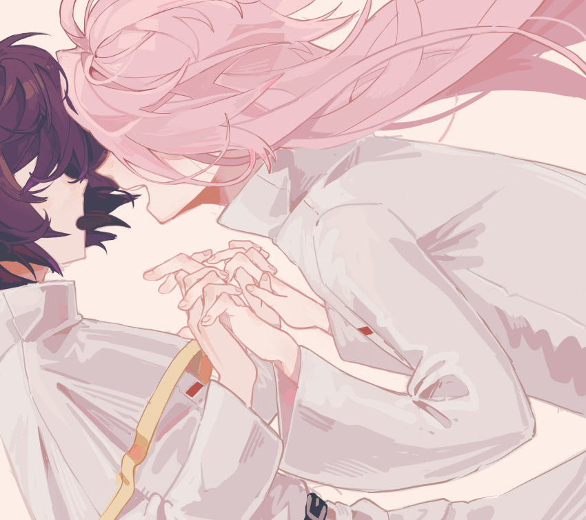 2boys, belt, black_belt, capelet, from_side, gold_trim, hair_over_eyes, hatsutori_hajime