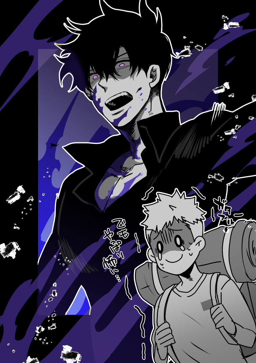 2boys, angry, backpack, bag, black_hair, black_jacket, black_shirt, blood