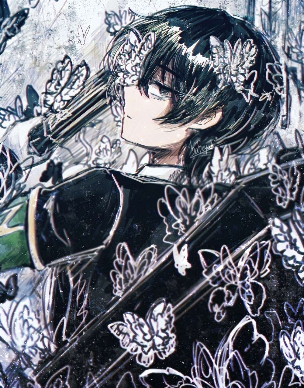 1boy, baboyaki, black_eyes, black_hair, black_jacket, bug, butterfly, collared_shirt