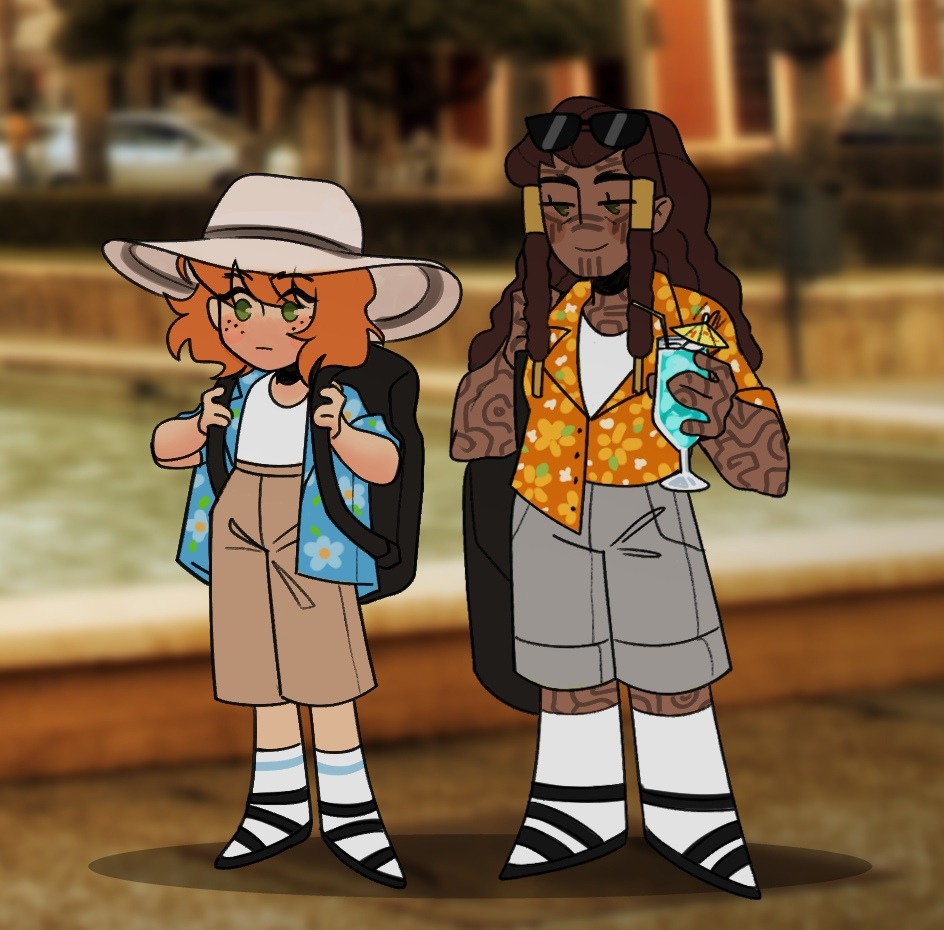 2girls, alternate_costume, arm_tattoo, backpack, bag, brown_eyes, brown_hair, brown_pants