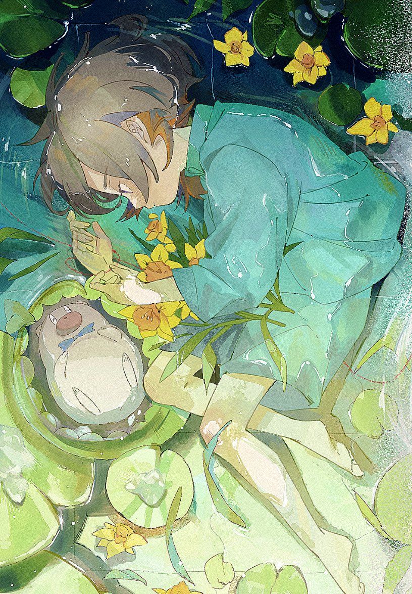 1boy, 1girl, barefoot, blue_pajamas, bow, bowtie, commentary_request, fingernails