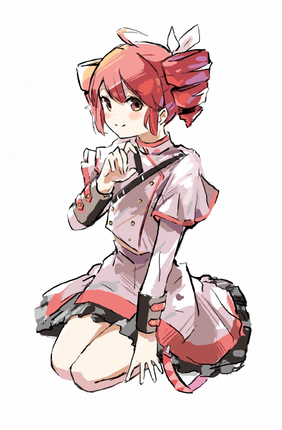1girl, ahoge, belt, black_belt, black_sleeve_cuffs, blush, bow, buttons