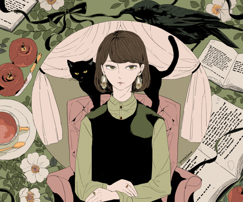 1girl, bird, black_cat, book, brown_hair, camellia, cat, crow