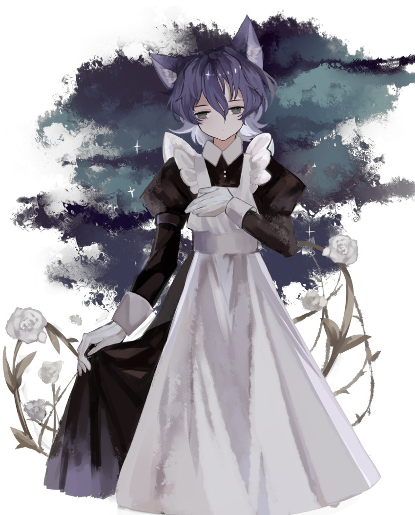 1girl, alternate_costume, animal_ear_fluff, animal_ears, apron, black_dress, black_eyes, blue_hair