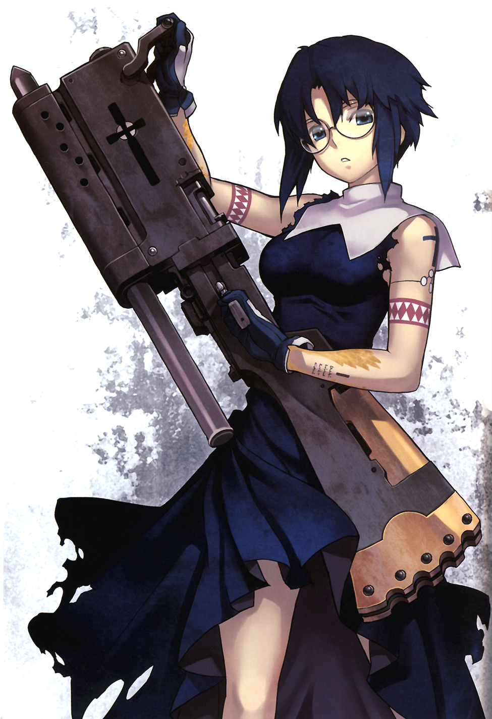 artist_request, blue_eyes, blue_hair, ciel, glasses, highres, huge_weapon, nagi_ryou, robe, seventh_holy_scripture, short_hair, solo, tattoo, torn_clothes, tsukihime, type-moon, weapon