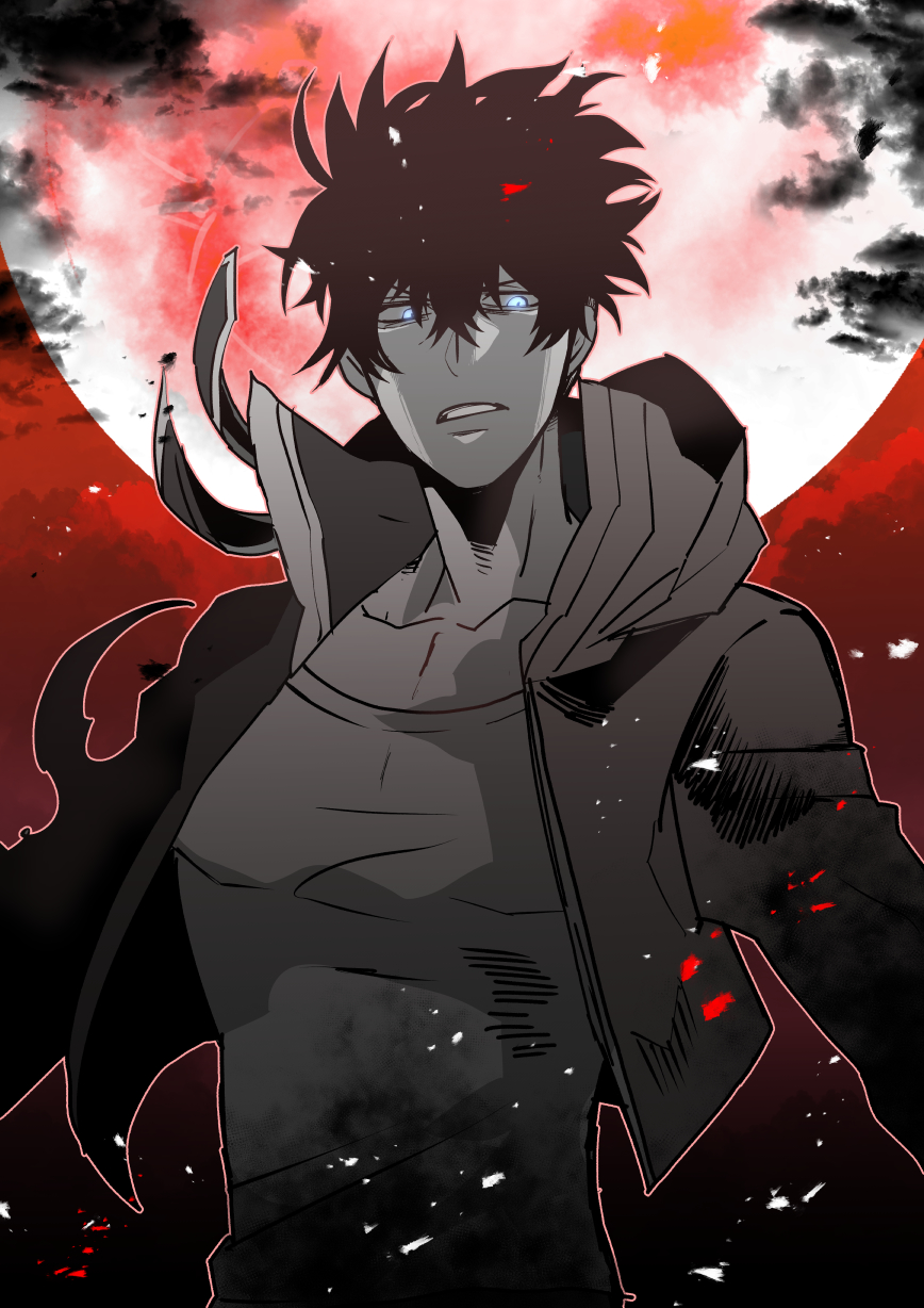 1boy, black_hair, blue_eyes, clenched_teeth, clouds, cloudy_sky, collarbone, cropped_jacket, dark_clouds, debris, floating_clothes, floating_hair, full_moon, furrowed_brow, glowing, glowing_eyes, grey_jacket, grey_shirt, hair_between_eyes, highres, jacket, monochrome, moon, onmyoenbu, partially_colored, red_moon, red_sky, red_theme, serious, shirt, sky, smoke, solo_leveling, spot_color, sung_jin-woo, teeth, wind