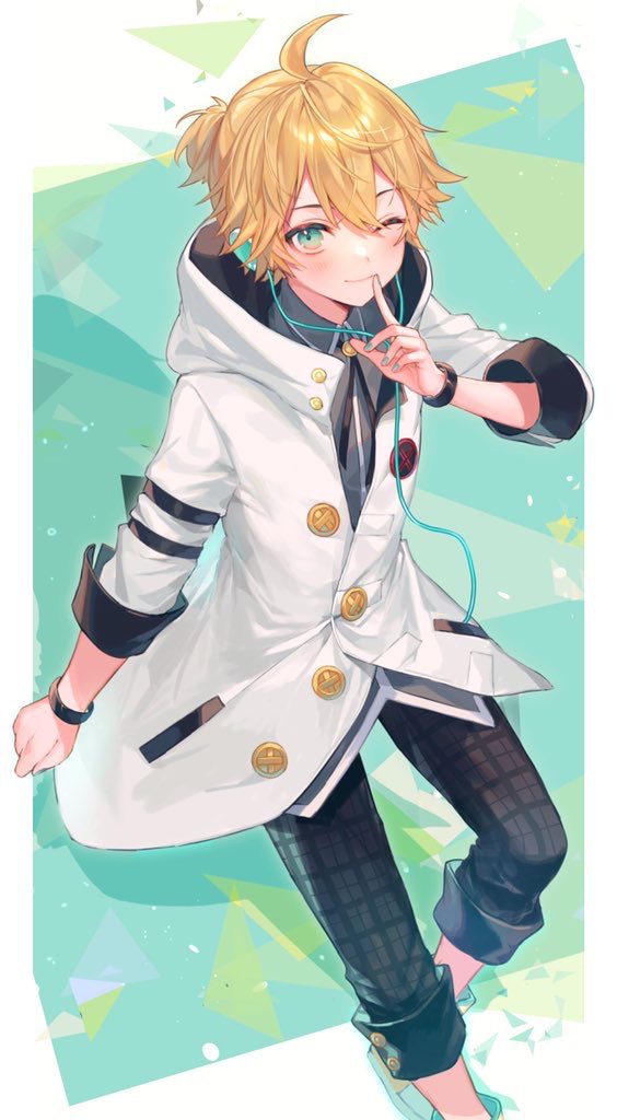 1boy, ;), ahoge, black_pants, black_shirt, blonde_hair, blush, closed_mouth
