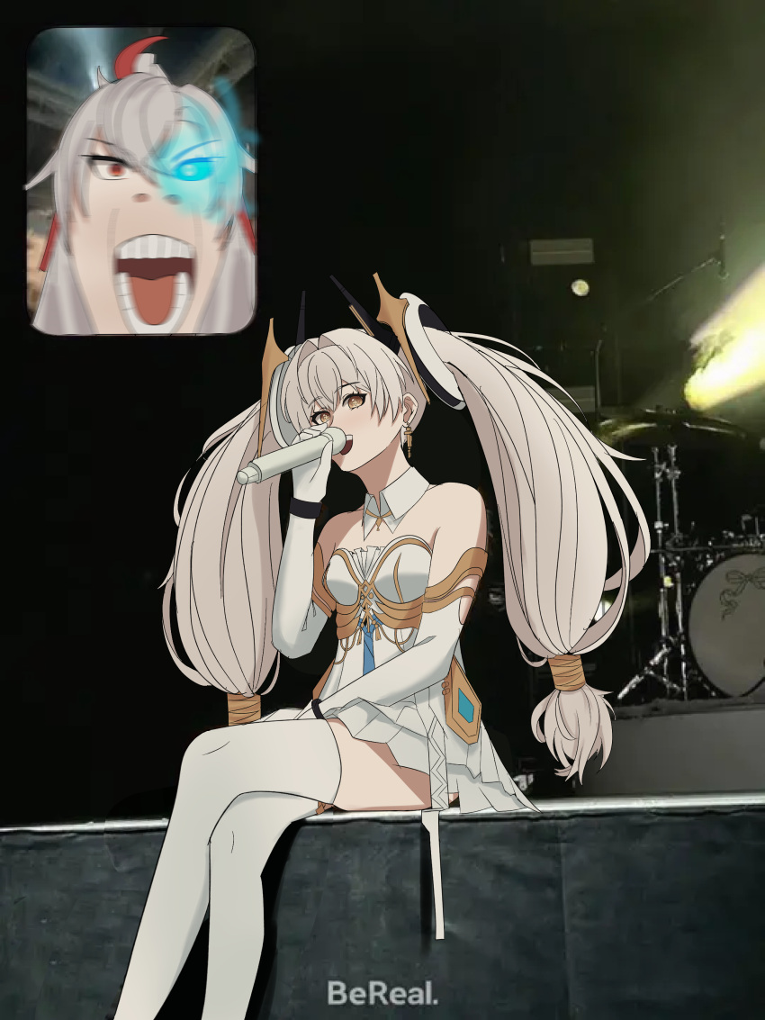 absurdres, alpha_(pgr), bare_shoulders, bereal, blue_eyes, cross-shaped_pupils, crossed_legs, detached_collar, dress, drum, drum_set, earrings, elbow_gloves, fah_134, fan_screaming_at_madison_beer_(meme), floating_hair_ornament, gloves, glowing, glowing_eyes, hair_between_eyes, heterochromia, highres, holding, holding_microphone, instrument, jewelry, long_hair, lucia:_crimson_weave_(pgr), luna:_laurel_(fiery_moon)_(pgr), luna_(pgr), meme, microphone, open_mouth, photo_background, punishing:_gray_raven, red_eyes, symbol-shaped_pupils, thigh-highs, twintails, very_long_hair, white_dress, white_gloves, white_thighhighs, yellow_eyes