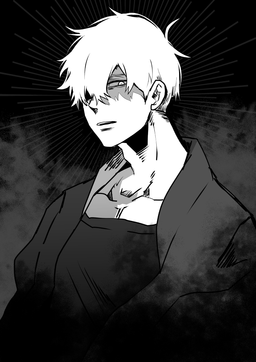 1boy, alternate_eye_color, alternate_hair_color, collarbone, colored_skin, grey_jacket, grey_shirt, greyscale