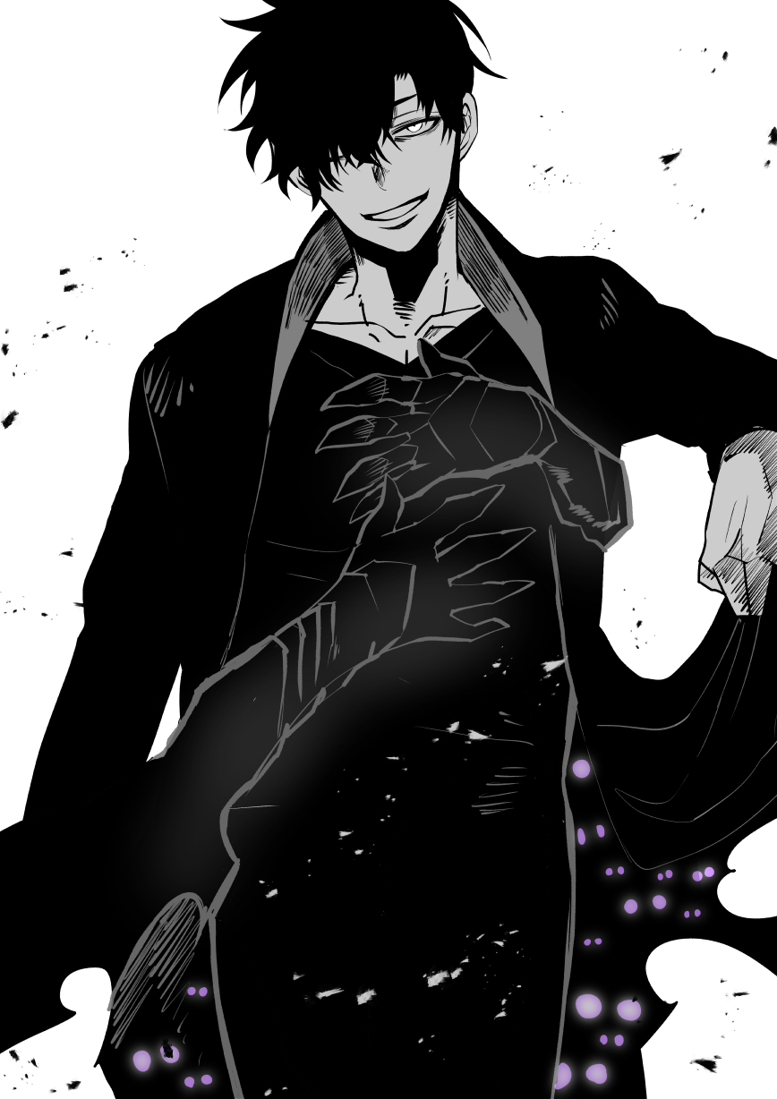 1boy, 1other, ashes, black_hair, black_jacket, clothes_lift, collarbone, crazy, crazy_eyes, crazy_smile, debris, extra_eyes, hair_between_eyes, hands_on_another's_chest, hands_on_another's_stomach, highres, jacket, jacket_lift, monochrome, onmyoenbu, smile, solo_leveling, sung_jin-woo, too_many_eyes, violet_eyes, white_eyes