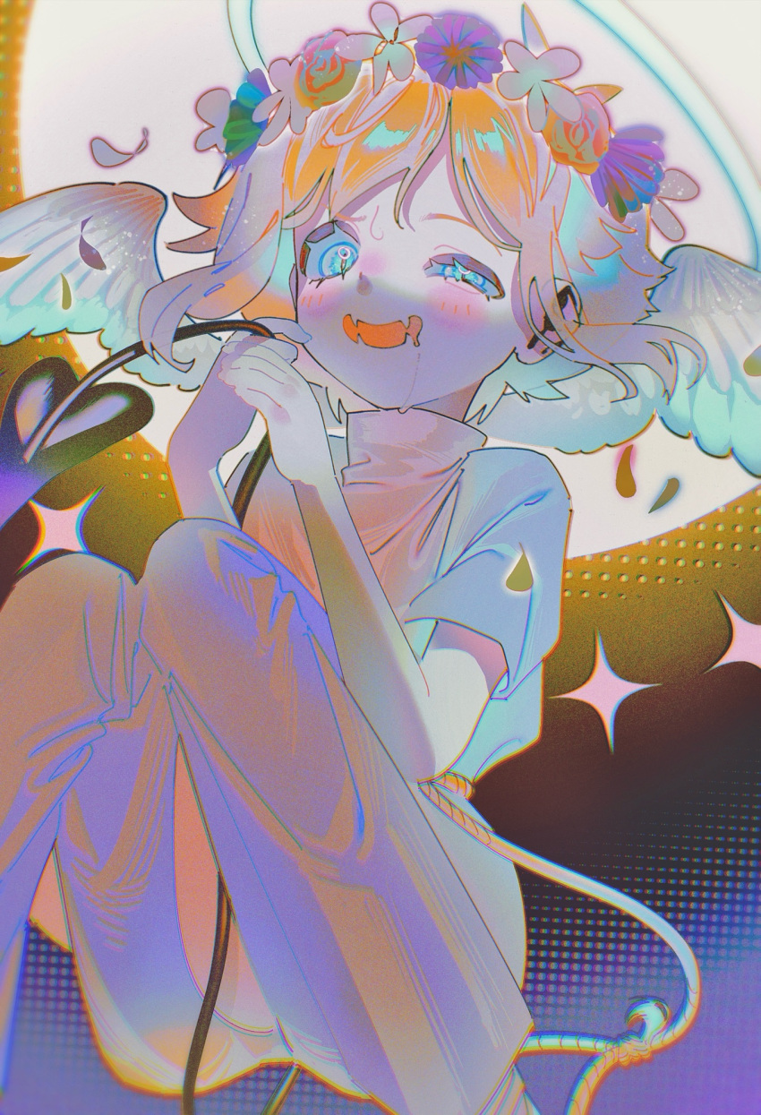 1boy, alternate_costume, angel_wings, basil_(faraway)_(omori), basil_(omori), blonde_hair, blue_eyes, demon_tail