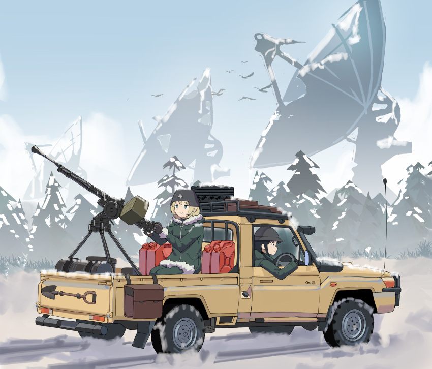 2girls, absurdres, artist_name, bird, black_eyes, black_hair, blonde_hair, blue_eyes, blue_sky, brodie_helmet, car, chito_(shoujo_shuumatsu_ryokou), closed_mouth, clouds, coat, combat_helmet, commentary, day, driving, english_commentary, fur-trimmed_coat, fur_trim, gar32, green_coat, green_pants, gun, heavy_machine_gun, helmet, highres, jerry_can, long_sleeves, machine_gun, military_uniform, motor_vehicle, multiple_girls, outdoors, pants, pickup_truck, pine_tree, radio_telescope, right-hand_drive, shoujo_shuumatsu_ryokou, shovel, sitting, sky, smile, snow, spare_tire, technical, toyota_hilux, tree, truck, vehicle_focus, weapon, yellow_car, yuuri_(shoujo_shuumatsu_ryokou)