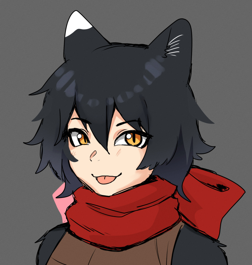 1girl, :p, animal_ears, black_hair, cat_ears, cat_girl, dungeon_meshi, grey_background