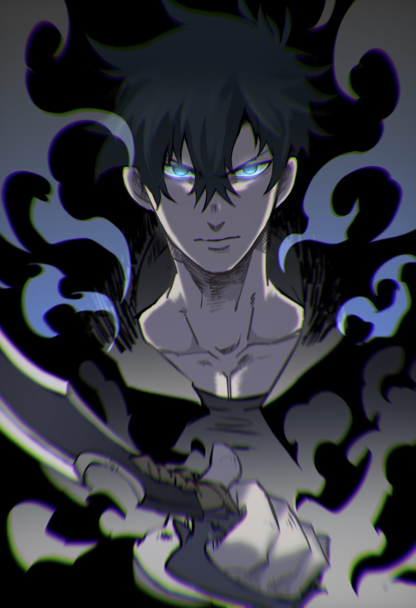 1boy, black_background, black_hair, black_jacket, blue_eyes, chromatic_aberration, collarbone, colored_smoke