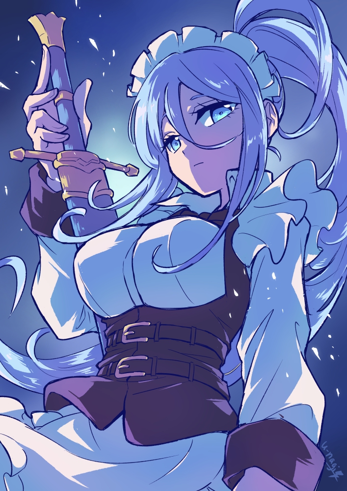 1girl, belt, black_vest, blue_background, blue_eyes, blue_hair, breasts, closed_mouth, dress, expressionless, eyebrows_hidden_by_hair, hair_between_eyes, hatsu_nagi_den, holding, holding_sword, holding_weapon, large_breasts, long_hair, looking_at_viewer, maid, maid_headdress, ponytail, sheath, sheathed, signature, simple_background, solo, sword, sylpha_(dai_nana_oji), tensei_shitara_dai_nana_oji_datta_no_de:_kimama_ni_majutsu_o_kiwamemasu, very_long_hair, vest, weapon, white_dress, white_headdress