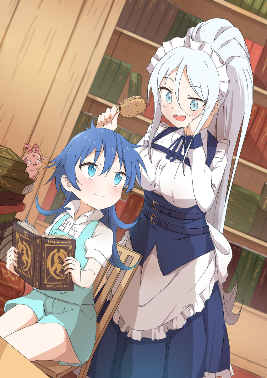 1boy, 1girl, 1other, absurdres, apron, blue_eyes, blue_hair, blue_overalls