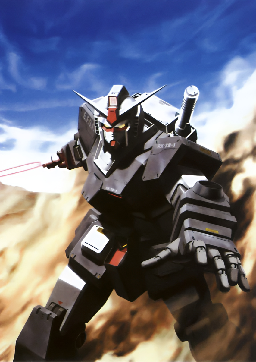 artificial_eye, beam_saber, beam_weapon, desert, gundam, gundam_msv, highres, holding, holding_beam_saber, holding_sword, holding_weapon, horns, humanoid_robot, mecha, mecha_focus, mechanical_arms, mechanical_eye, mechanical_hands, mechanical_horns, mechanical_legs, mobile_suit, mobile_suit_gundam, morishita_naochika, no_humans, official_art, prototype_gundam, robot, saber_(weapon), sand, sensor, sword, third-party_source, v-fin, weapon