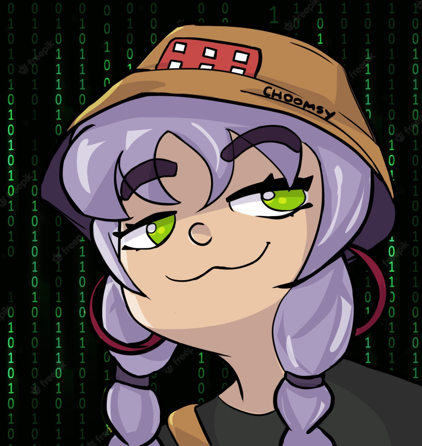 black_shirt, bucket_hat, green_eyes, mae_(fortnite), overalls, purple_hair, red_earrings, smug, twin_braids, twintails, yellow_hat