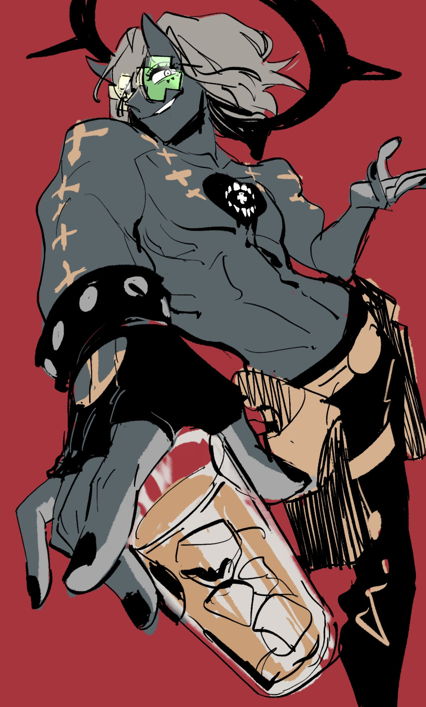 1boy, black_gloves, black_halo, black_nails, black_pants, chest_tattoo, colored_skin, cowboy_shot, cup, drink, fingerless_gloves, gloves, grey_hair, grey_horns, grey_skin, grin, guilty_gear, guilty_gear_strive, halo, happy_chaos, heart, highres, holding, holding_cup, holding_drink, horns, ice, ice_cube, male_focus, pants, piyomotsu, red_background, simple_background, skin-covered_horns, smile, solo, spiked_halo, tattoo, teeth, tinted_eyewear, topless_male, x-shaped_eyewear