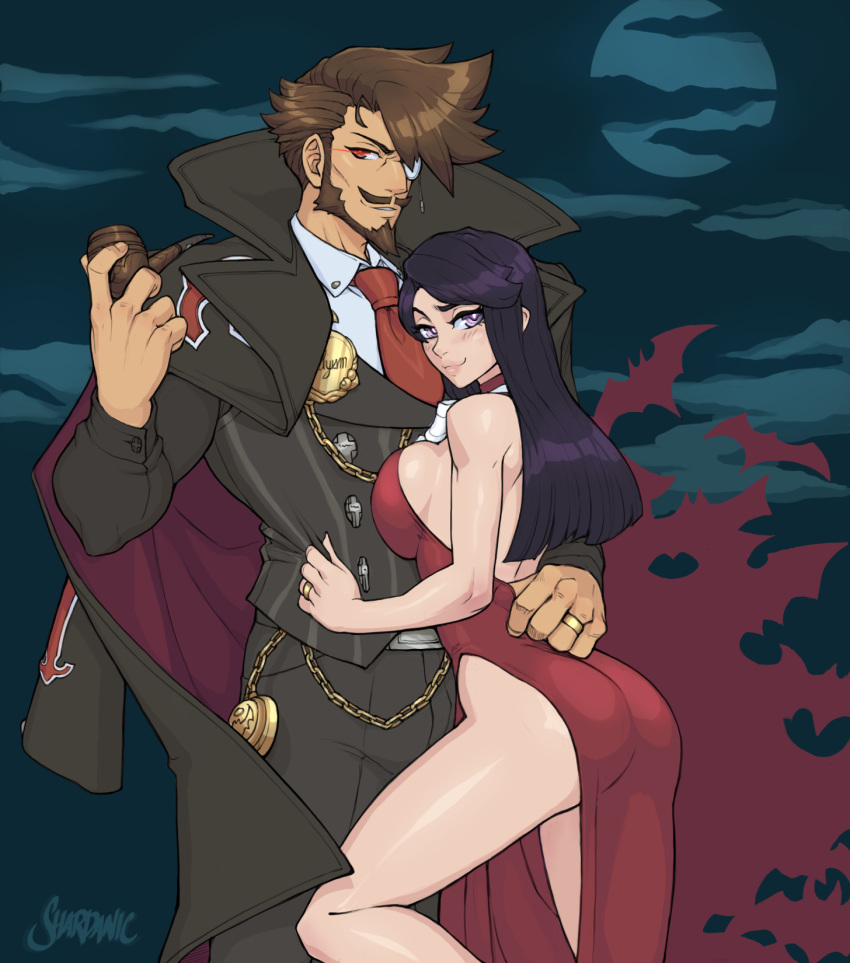 black_hair, breasts, brown_hair, couple, dress, facial_hair, formal_clothes, goatee