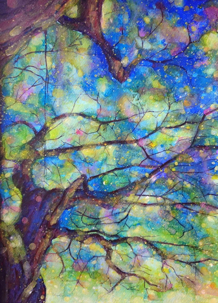 absurdres, acrylic_paint_(medium), bare_tree, blue_sky, branch, dead_plants, from_below, highres