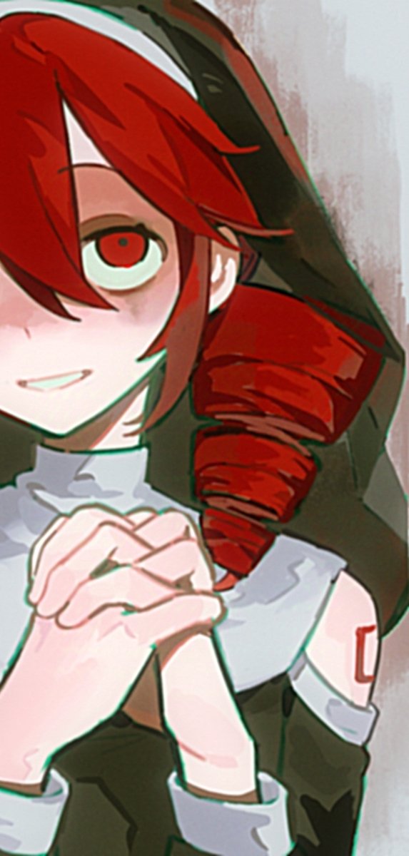 1girl, arm_tattoo, black_dress, black_veil, capelet, clothing_cutout, dress, drill_hair, flat_chest, grin, hair_between_eyes, highres, interlocked_fingers, kasane_teto, long_hair, number_tattoo, own_hands_together, red_eyes, red_tattoo, redhead, rice_(somasuki_77), shoulder_cutout, side_drill, simple_background, sister_teto, sleeves_past_elbows, smile, solo, tattoo, utau, veil, white_background, white_capelet