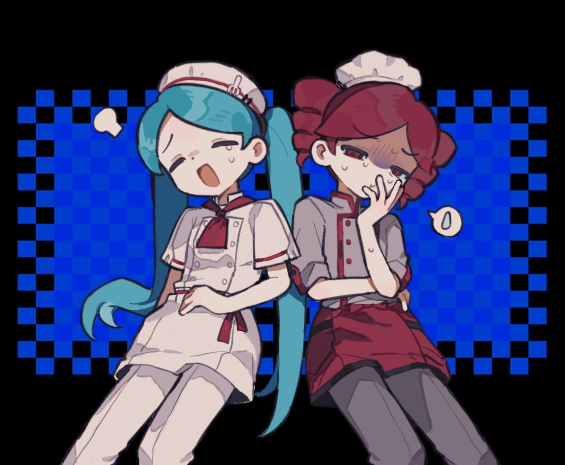 2girls, apron, black_background, black_pants, blue_background, blue_hair, buttons, chef_hat