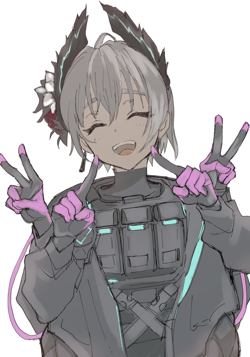 1girl, :d, ^_^, ahoge, arknights, black_gloves, black_jacket, black_shirt