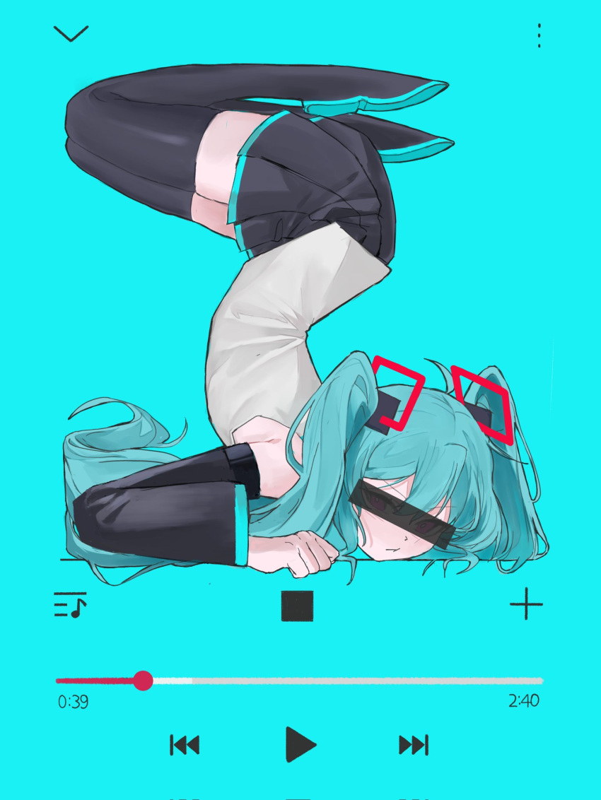 1girl, aqua_hair, bar_censor, black_footwear, black_skirt, blue_background, boots, censored