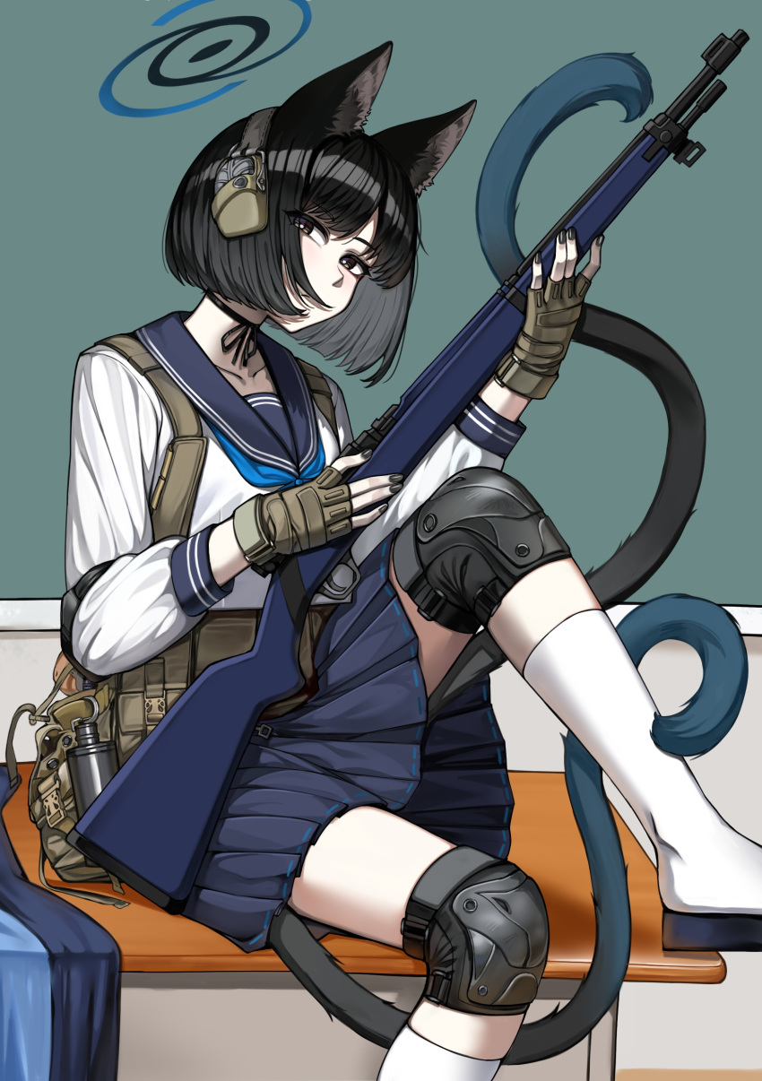 1girl, absurdres, animal_ear_fluff, animal_ears, black_eyes, black_hair, black_nails, blue_archive, blue_halo, blue_neckerchief, blue_sailor_collar, blue_skirt, boots, bright_pupils, cat_ears, cat_tail, chalkboard, choker, closed_mouth, expressionless, fingerless_gloves, fingernails, foot_out_of_frame, gloves, green_gloves, gun, halo, headphones, highres, holding, holding_gun, holding_weapon, indoors, kikyou_(blue_archive), knee_boots, knee_pads, knee_up, load_bearing_equipment, long_sleeves, looking_at_viewer, moecchi, multiple_tails, nail_polish, neckerchief, on_table, pleated_skirt, ribbon_choker, rifle, sailor_collar, school_uniform, shirt, short_hair, sitting, skirt, smoke_grenade, solo, table, tail, two_tails, weapon, white_footwear, white_pupils, white_shirt
