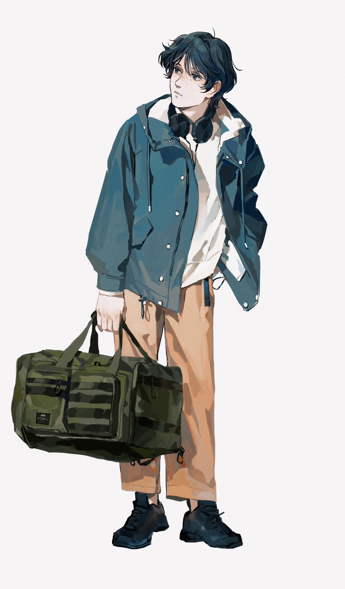 1boy, alternate_costume, bag, black_eyes, black_footwear, black_hair, blue_jacket, brown_pants