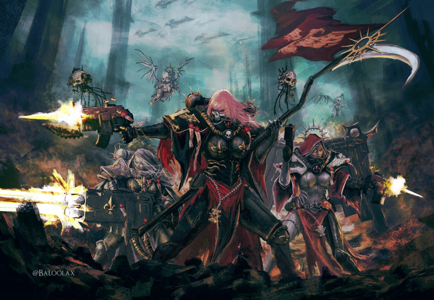 3girls, adepta_sororitas, armor, artist_name, baloolax, cherub_(warhammer), eyepatch, gun