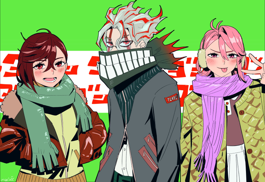 1boy, 2girls, absurdres, alternate_form, ayase_momo, brown_hair, dandadan, facial_mark
