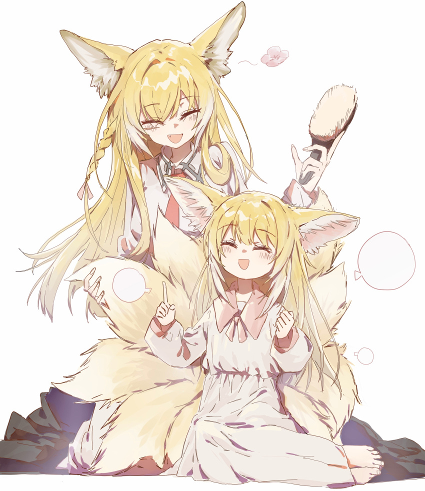 2girls, :d, ^_^, absurdres, animal_ear_fluff, animal_ears, arknights, barefoot, black_cloak, blonde_hair, blue_skirt, blush, bow, braid, breasts, brushing_another's_hair, brushing_hair, chinese_commentary, cloak, closed_eyes, collared_dress, collared_shirt, commentary, curled_fingers, dress, dress_shirt, eyelashes, falling_petals, fang, flower, fox_ears, fox_girl, fox_tail, front-to-back, full_body, hair_between_eyes, hair_bow, hair_brush, hair_over_shoulder, hairdressing, hands_up, highres, holding, holding_hair_brush, index_finger_raised, long_hair, medium_breasts, mother_and_daughter, multiple_girls, multiple_tails, necktie, on_ground, open_mouth, petals, pink_bow, pink_flower, pink_trim, red_necktie, sao7, shirt, side_braid, sitting, skirt, small_breasts, smile, speech_bubble, suzuran_(arknights), tail, talking, toes, unworn_cloak, vulpisfoglia_(arknights), white_dress, white_shirt, yokozuwari