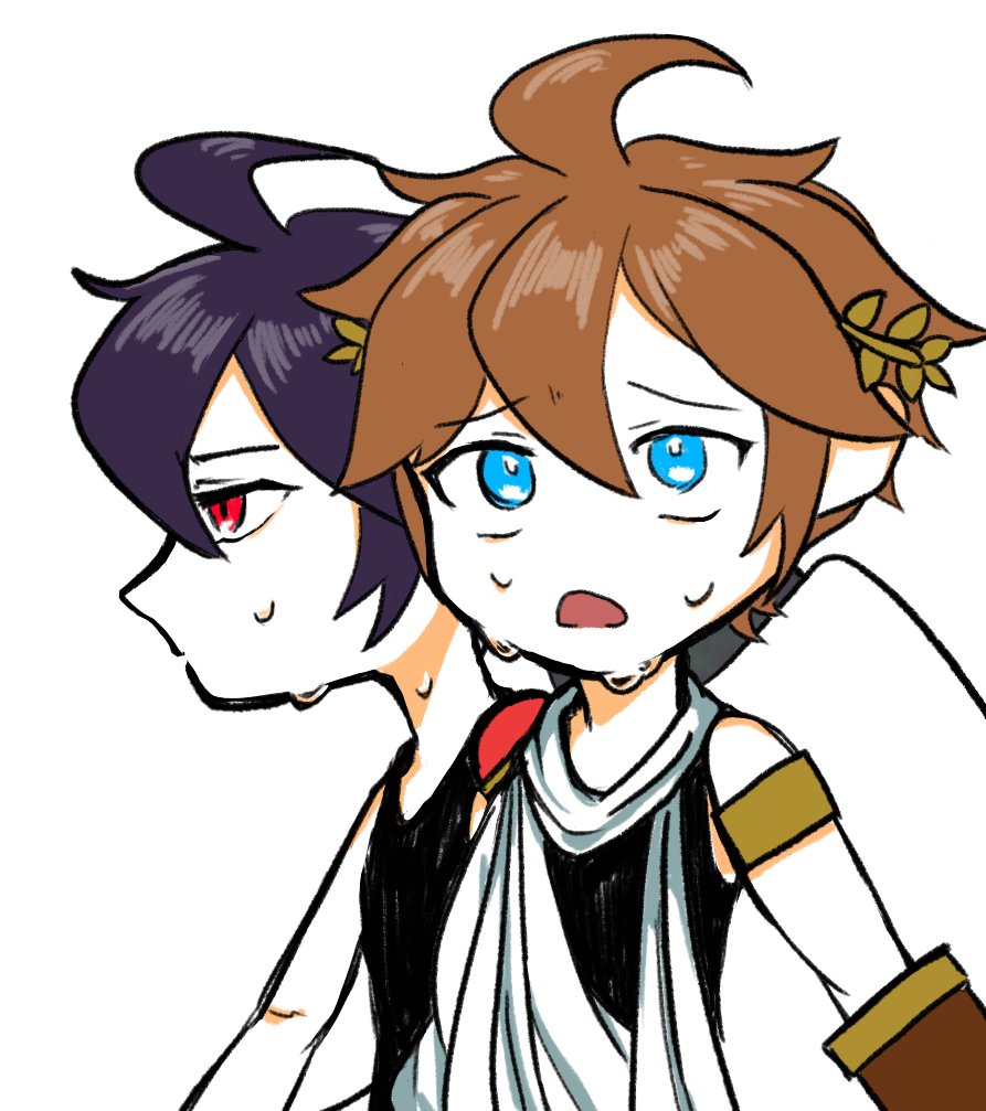 2boys, aged_down, alternate_costume, angel, araba, armlet, black_undershirt, blue_eyes