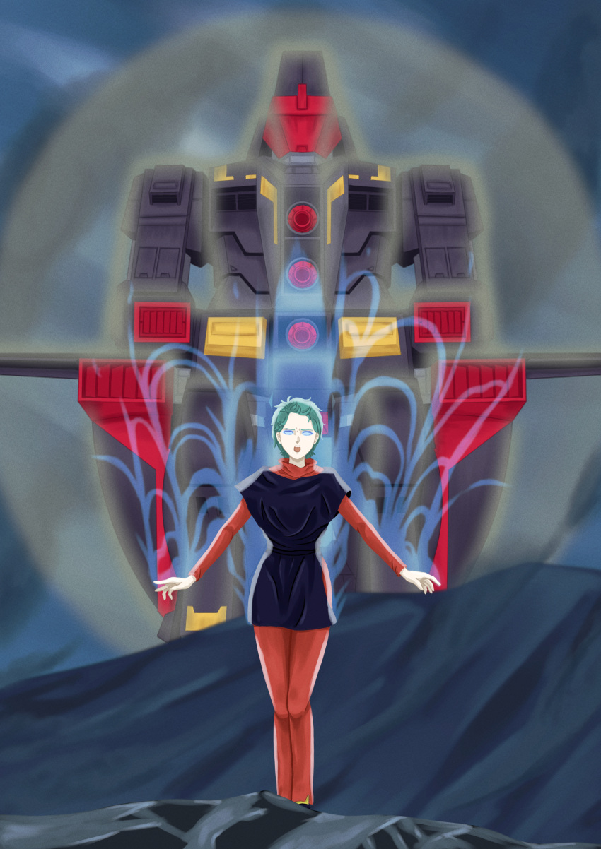 1girl, absurdres, angry, aqua_hair, beam_cannon, blue_eyes, commentary_request, crazy_eyes