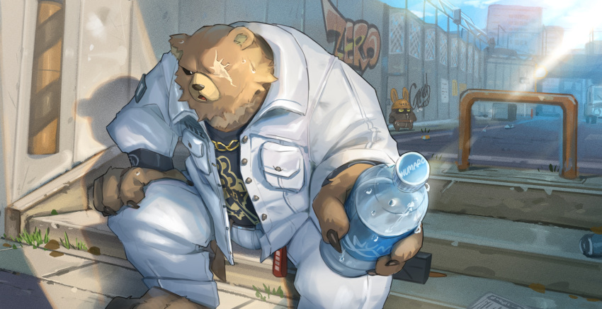 1boy, 1other, animal_ears, artist_name, bangboo_(zenless_zone_zero), barefoot, bear_boy, bear_ears