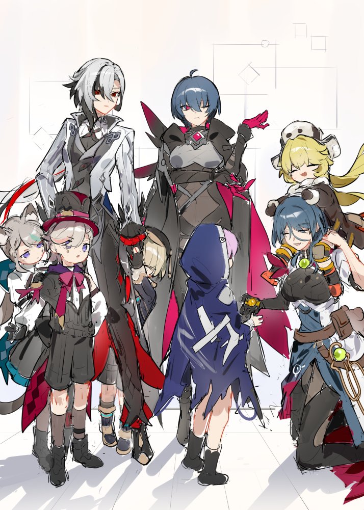 2boys, 6+girls, animal_ears, arlecchino_(genshin_impact), black_bodysuit, black_cloak, black_dress, black_hair