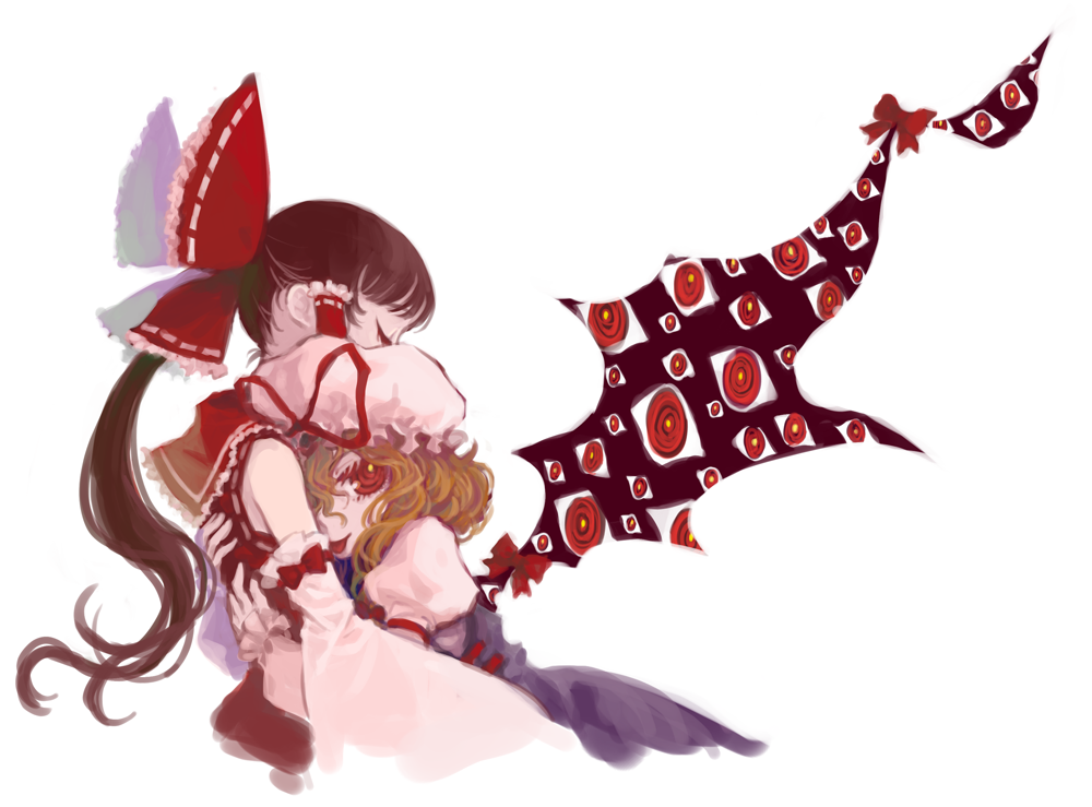 2girls, closed_eyes, gap, hakurei_reimu, hug, mashiko_hiromi, multiple_girls, ponytail
