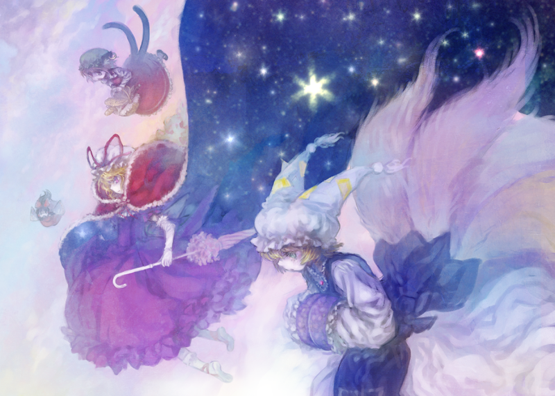 capelet, chen, christmas, elbow_gloves, flying, gloves, hakurei_reimu, hat