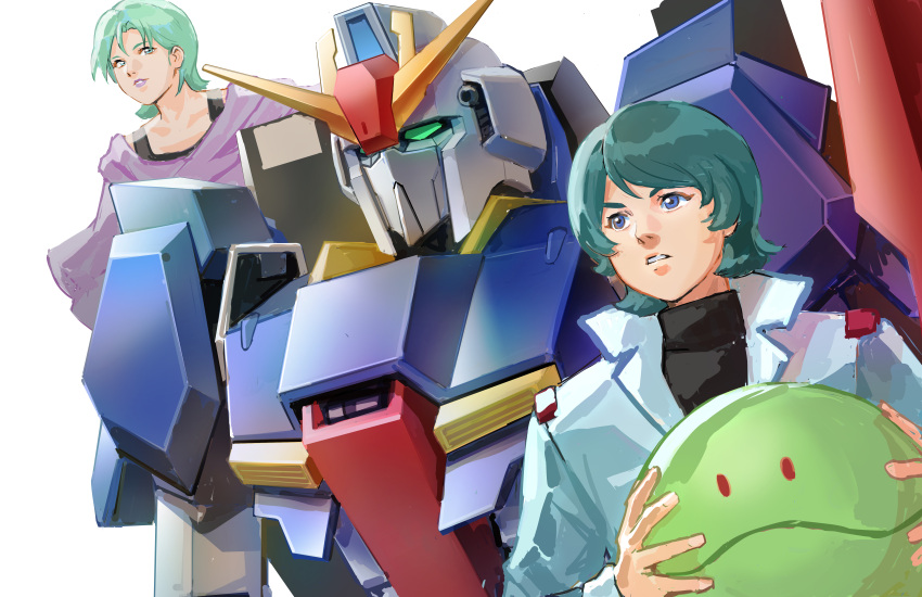 1boy, 1girl, 2girls, absurdres, aeug, aqua_hair, blue_eyes, carrying, english_commentary, fake_screenshot, four_murasame, green_hair, grin, gun, gundam, haro, highres, holding, kamille_bidan, looking_ahead, machine_gun, machinery, mecha, military_uniform, mobile_suit, multiple_girls, nekkikamille, robot, science_fiction, smile, v-fin, weapon, zeta_gundam, zeta_gundam_(mobile_suit)