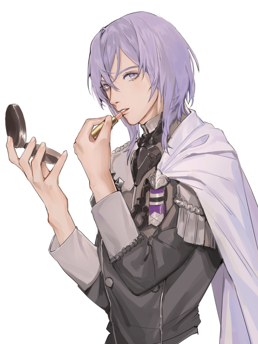 1boy, androgynous, applying_lipstick, applying_makeup, arm_up, bishounen, cape, collared_shirt