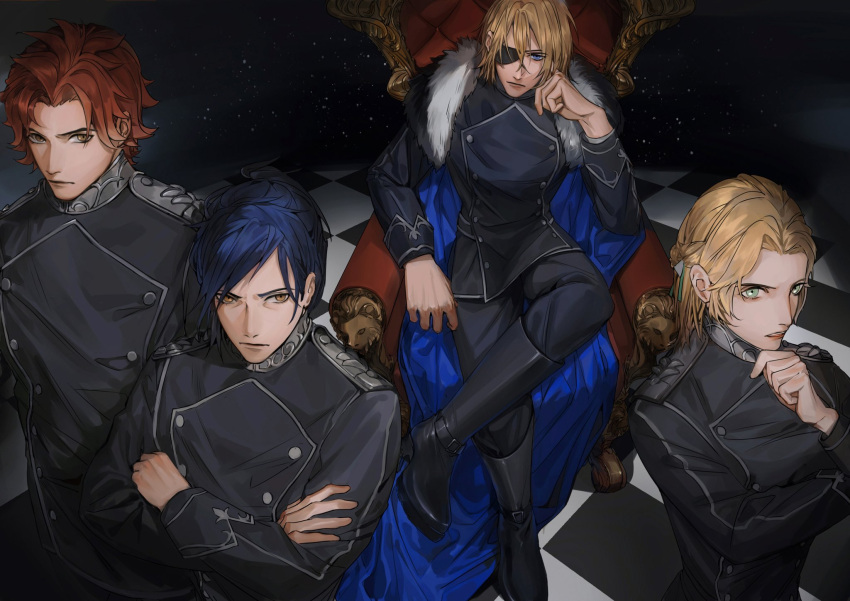 1girl, 3boys, aqua_eyes, arm_across_chest, arm_rest, arm_up, arms_behind_back, black_footwear